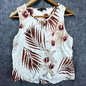 Larry Levine Blouse Womens Large Cream Brown Floral Linen Tassels Upscale Vacay